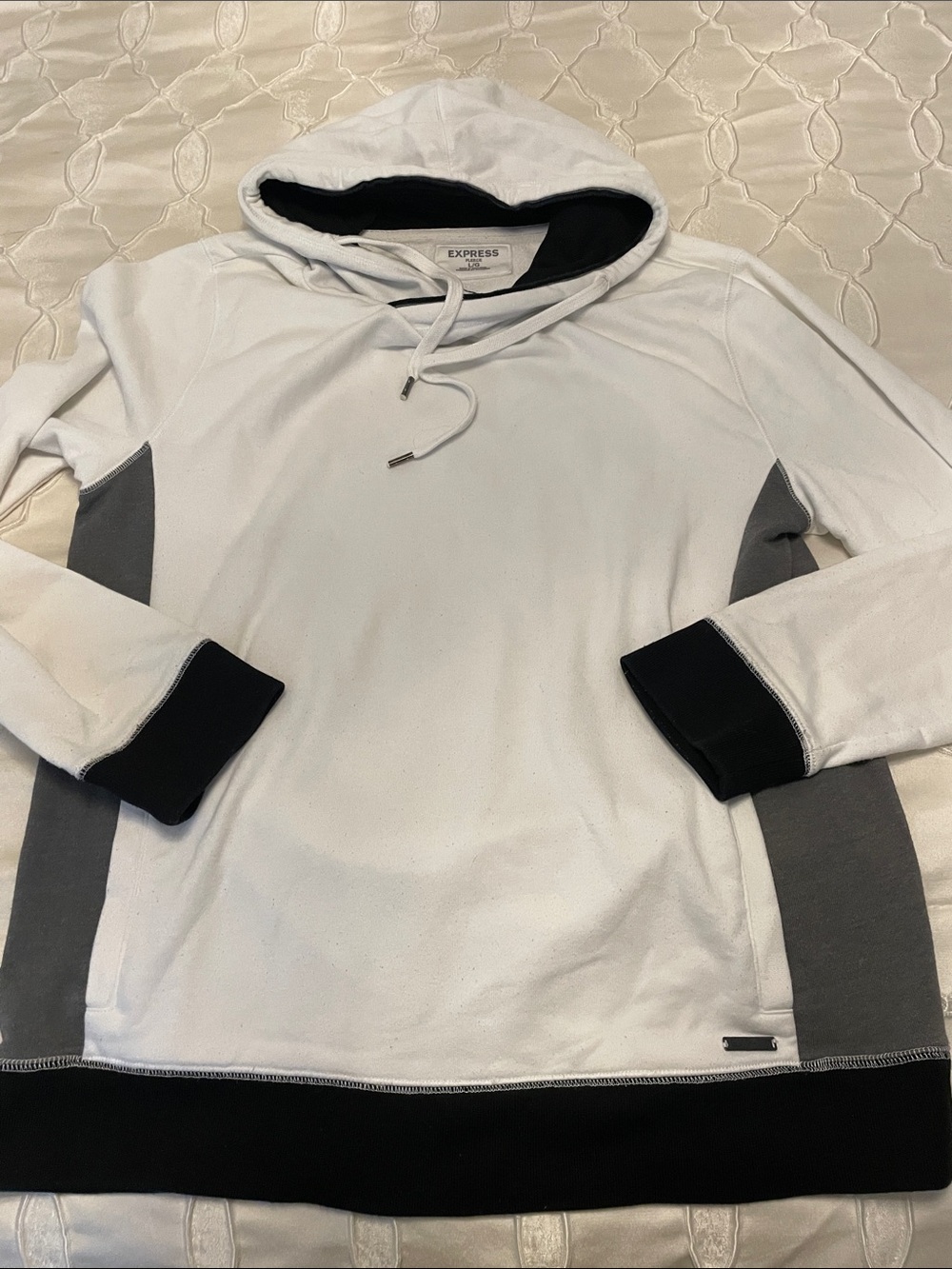 Express Men’s White Hooded Zip-Up Sweater with Black & Gray Accents